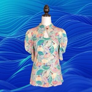 Voodoo Vixen Retro Multicolored Pin-Up Fan Print Puff Sleeve Keyhole Top Size 10